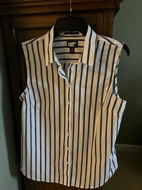 Two Lands' End Sleeveless Button-Up Blouses- White & Black Striped and a white